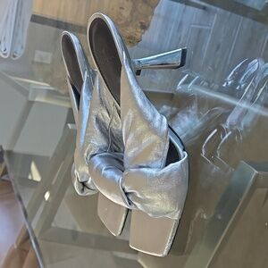 Marc Fisher Dellian Silver Leather Slip On Heeled Slide Sandals